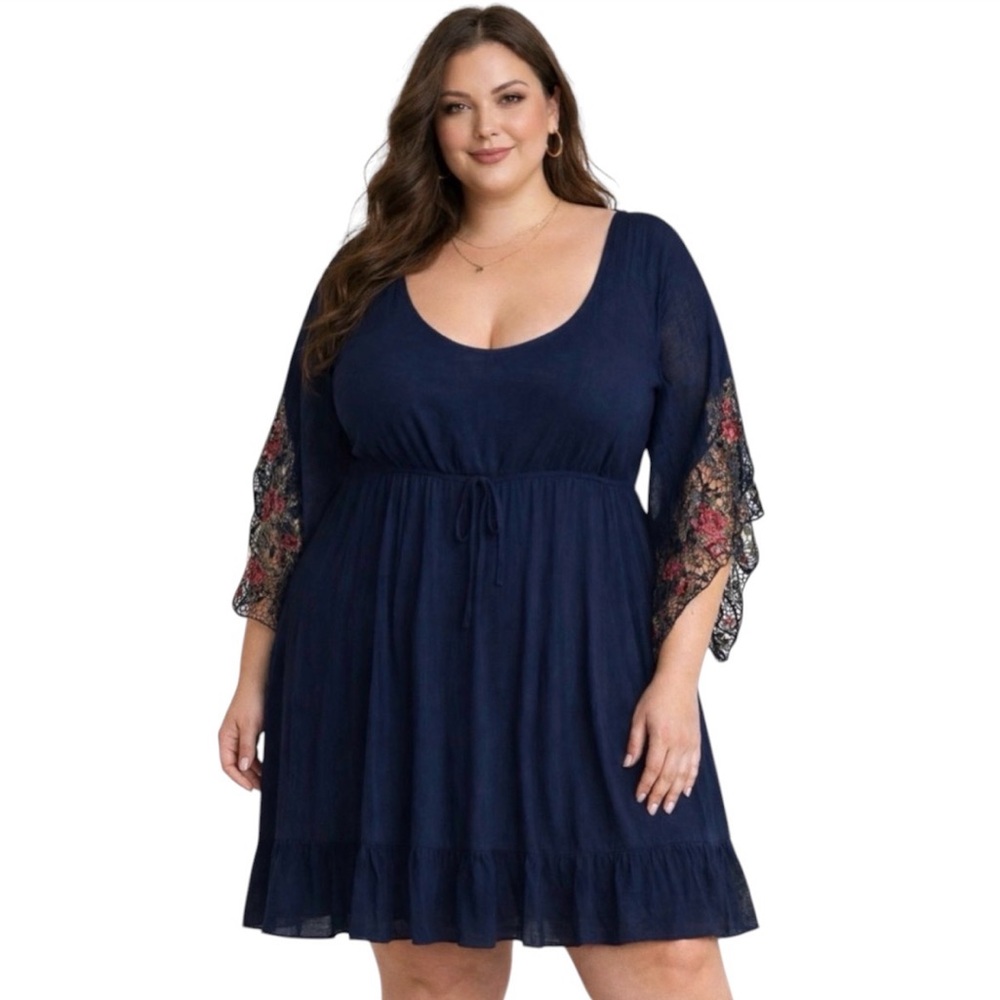 Kings Road Navy Blue Boho Midi Dress with Floral Lace Embroidered Sleeves 3X EUC